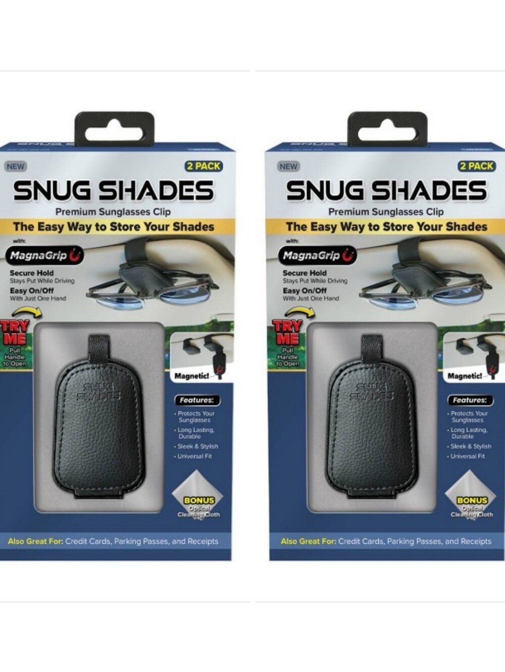 (2) Snug Shades Premium Visor Clip 2ct Black Sunglasses Receipts Credit Cards